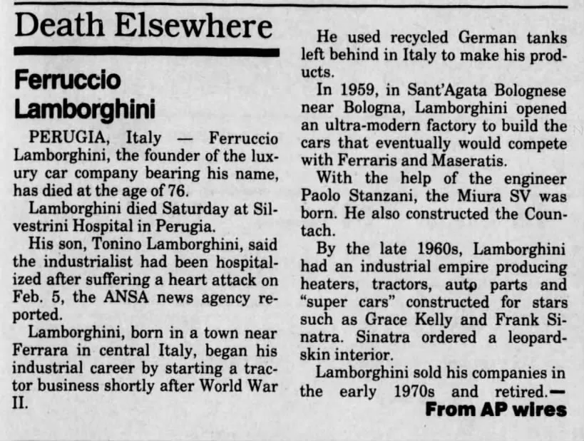 Стаття про смерть Ферруччо Ломбаргіні в 1993 році